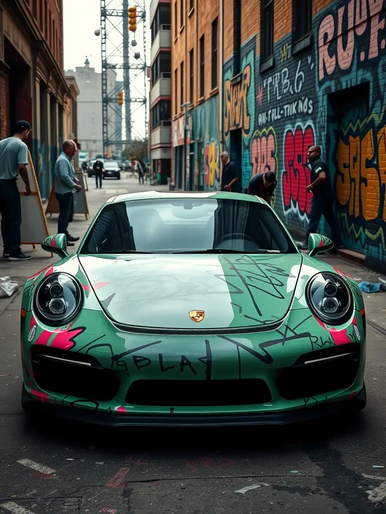 A Porsche with a graffiti paint job parked in an urban alley surrounded by street art.