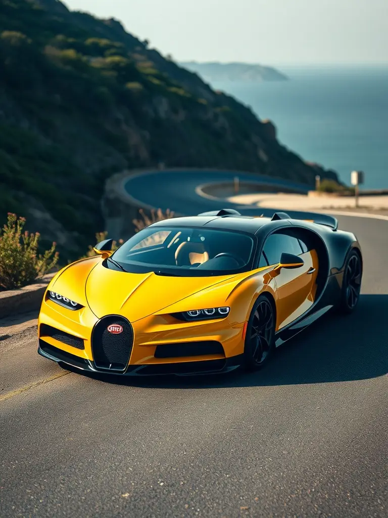 Iridescent yellow and black Bugatti on a coastal road