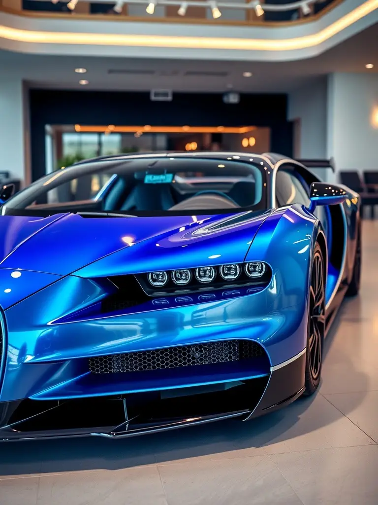 Iridescent blue and silver Bugatti sports car showcasing sleek design.