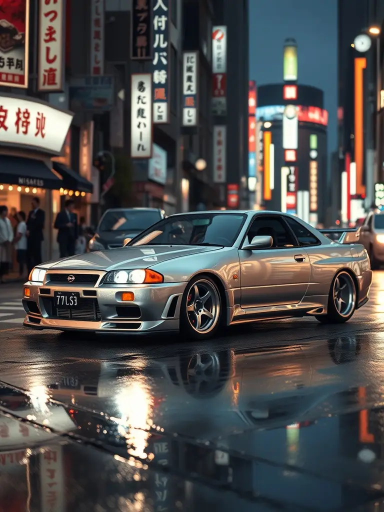 Silver Nissan R34 parked on a wet street in Tokyo with neon lights reflecting off the pavement.