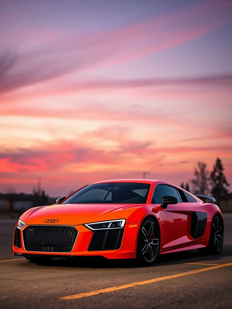 Sunset Orange Audi R8 parked against a twilight sky