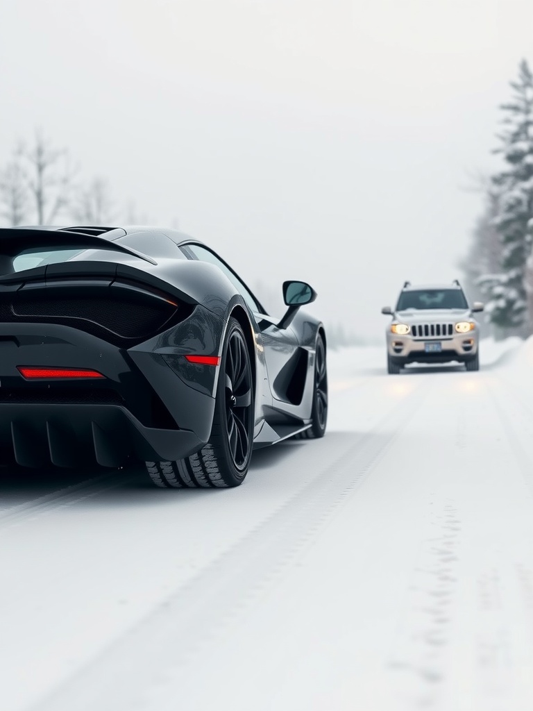 A supercar in the snow next to a traditional winter vehicle.