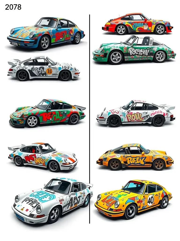 A lineup of colorful Porsches featuring graffiti paint jobs.