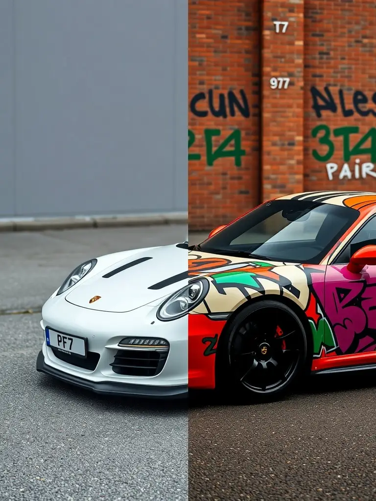 A Porsche with a graffiti paint job next to a plain Porsche.