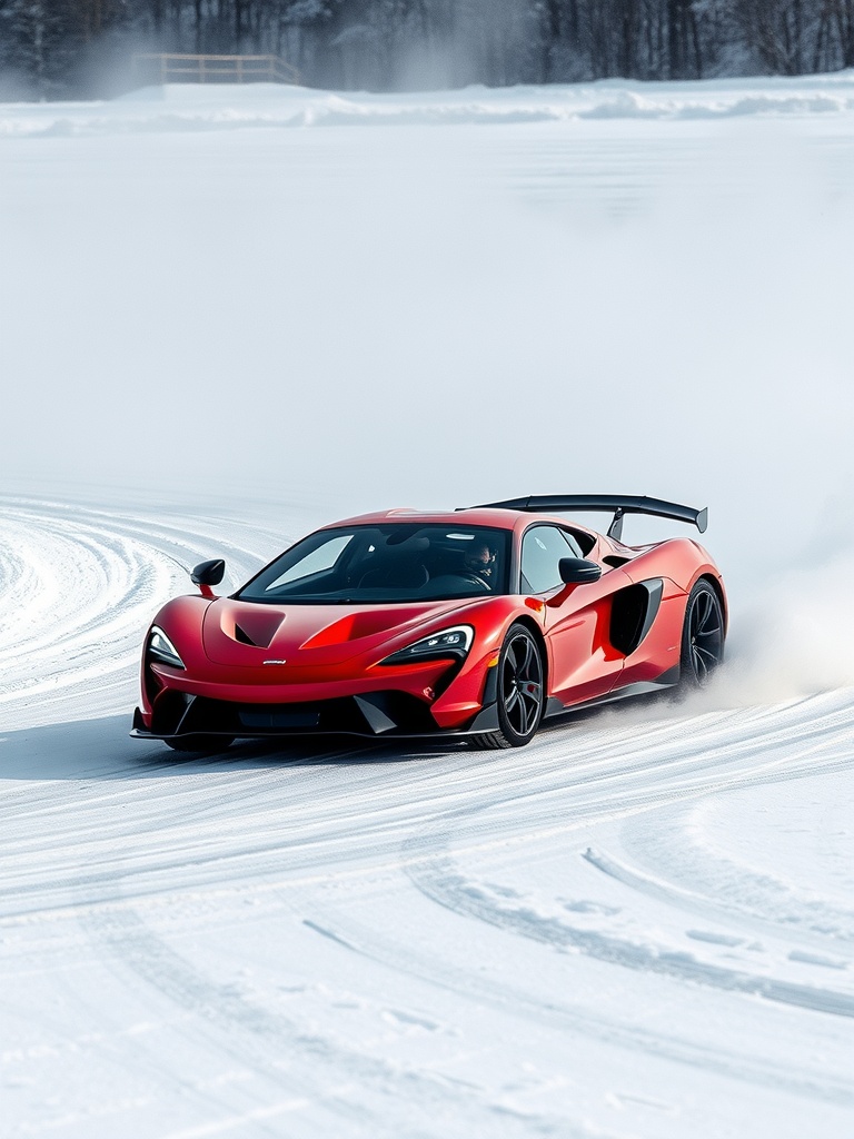 A red supercar drifting in the snow, creating a swirl of snow around it.