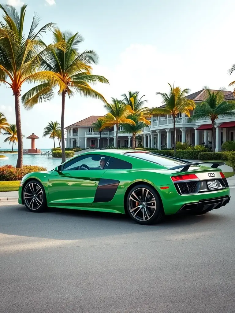 Audi R8 in Tropical Green color parked near a luxury resort surrounded by palm trees and a blue ocean.