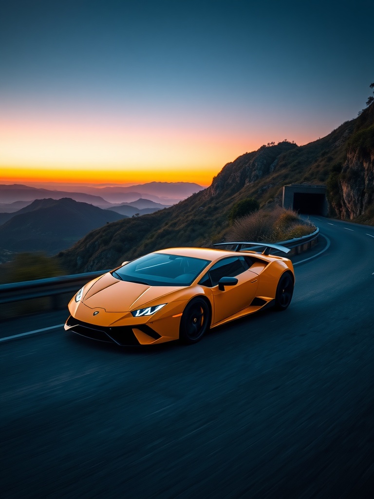 A yellow Lamborghini cruising on a mountain road during twilight, with a sunset in the background.
