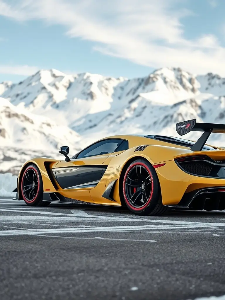 A striking yellow supercar parked against a snowy mountain backdrop.