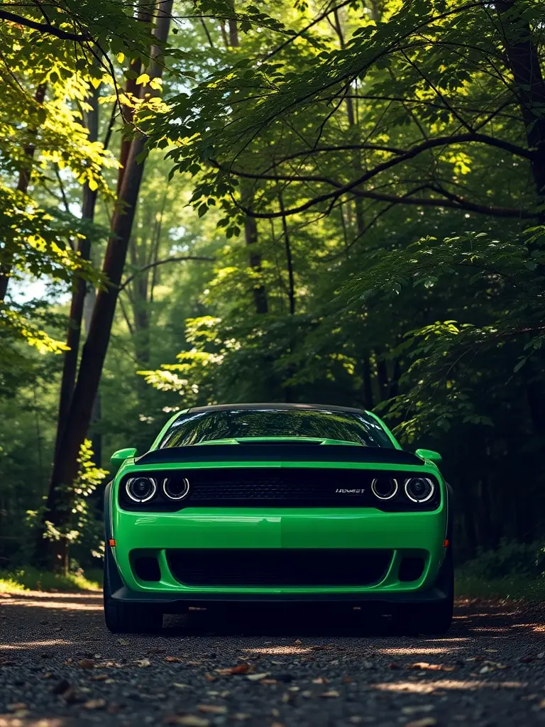 A vibrant green Dodge Hellcat parked on a forest road, surrounded by lush greenery.