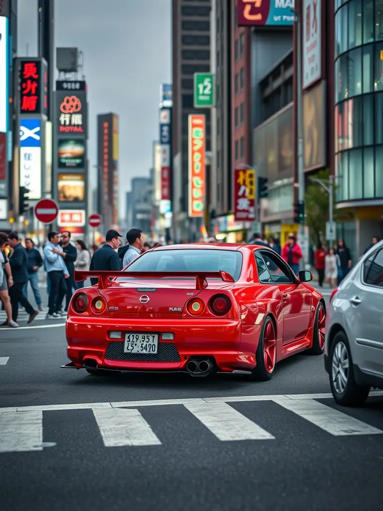 A vibrant red Nissan R34 at Shibuya Crossing in Tokyo, surrounded by pedestrians and city buildings.