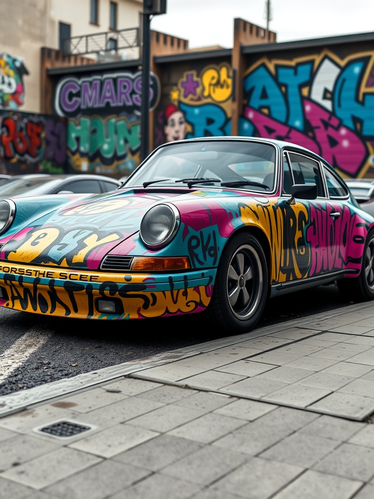 Porsche with vibrant graffiti paint job parked on a street with colorful murals.