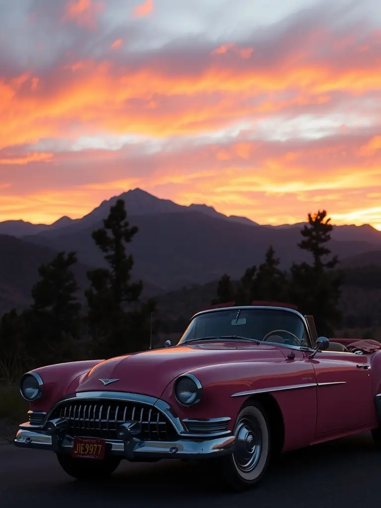 A vintage pink roadster parked with a sunset backdrop featuring purple and orange hues.