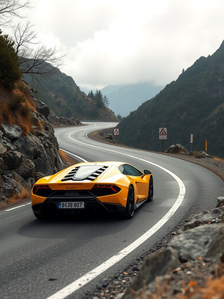 A yellow Lamborghini drives along a winding mountain road with rocky terrain and cloudy skies.