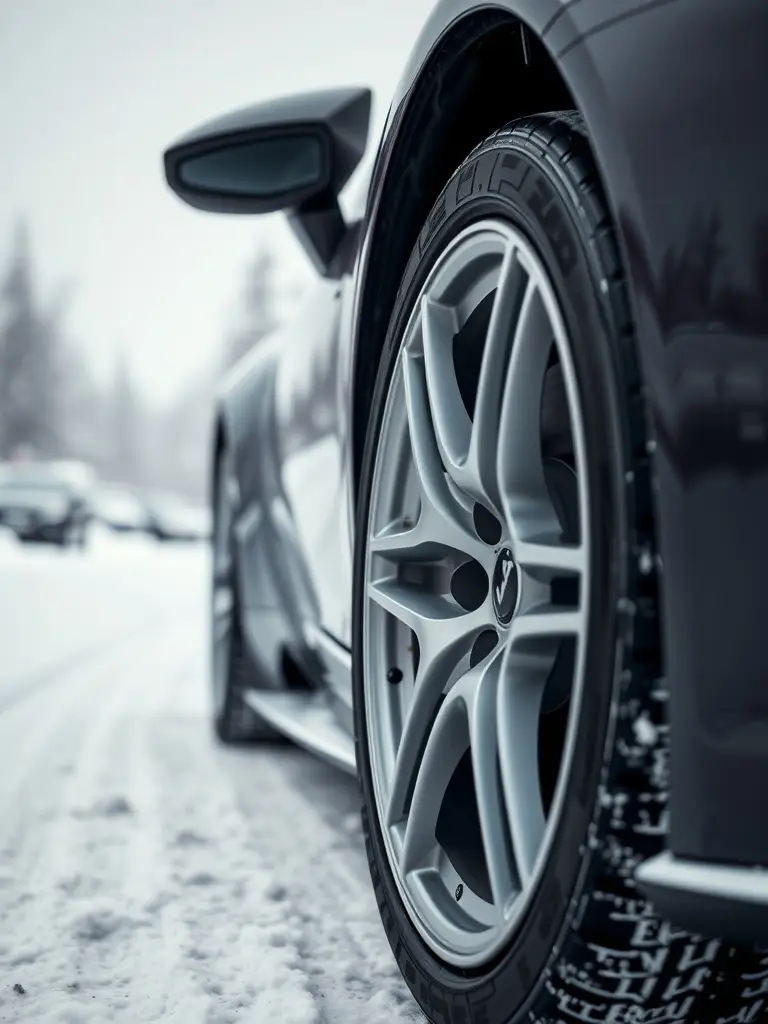Close-up of a supercar wheel with winter tire in the snow.
