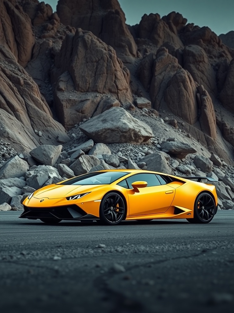 A yellow Lamborghini parked on a rocky mountain road.