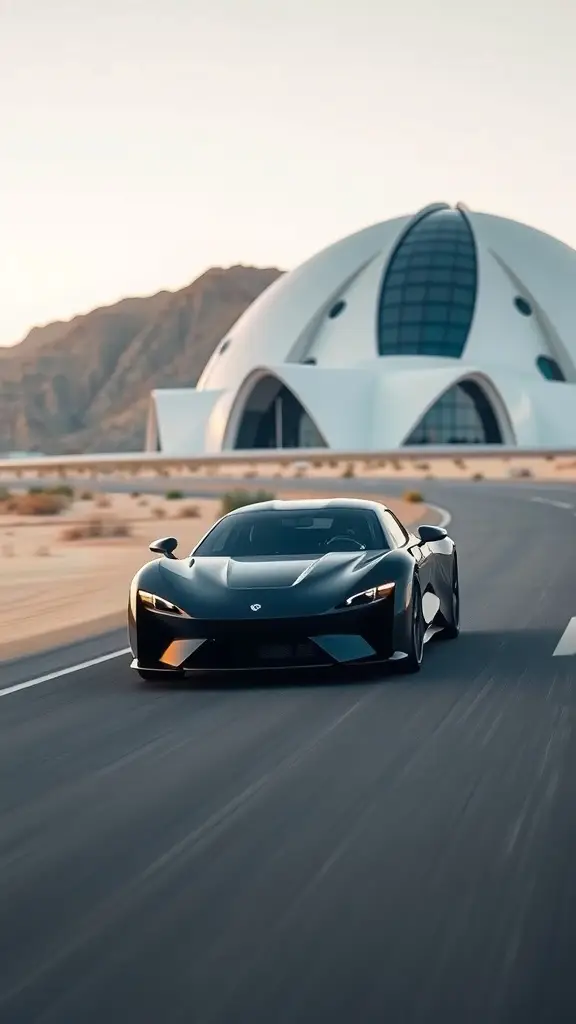 Rimac Nevera driving in a futuristic desert with modern architecture