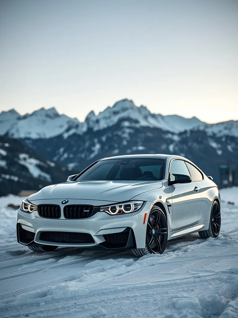 A white BMW M3 parked on snow with snowy mountains in the background.