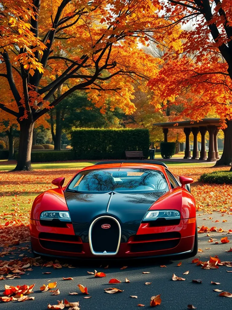 A Bugatti Veyron Super Sport in fiery red parked amid autumn trees with colorful leaves.