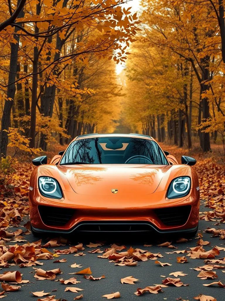 Porsche 918 Spyder in an autumn forest with colorful leaves.