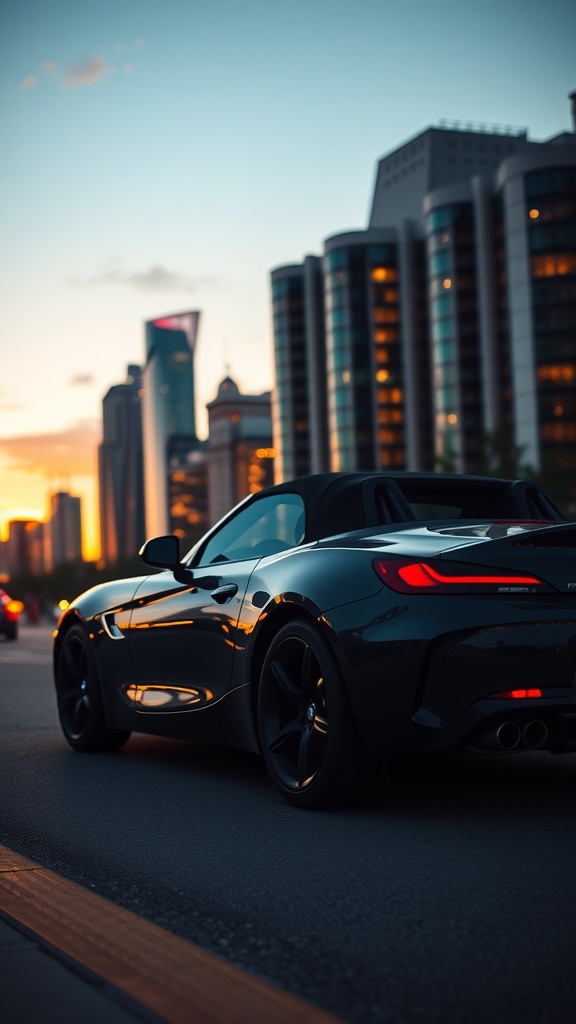 Black BMW Z4 parked in an urban nightscape with city lights.