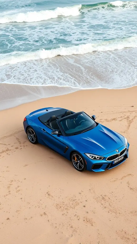 A blue BMW Z4 parked on the sandy beach near the ocean.