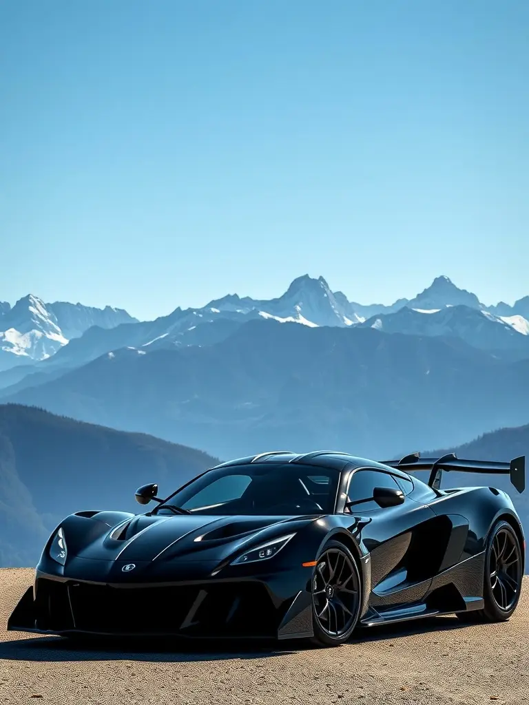 Black Hennessy Venom F5 parked against a mountain range