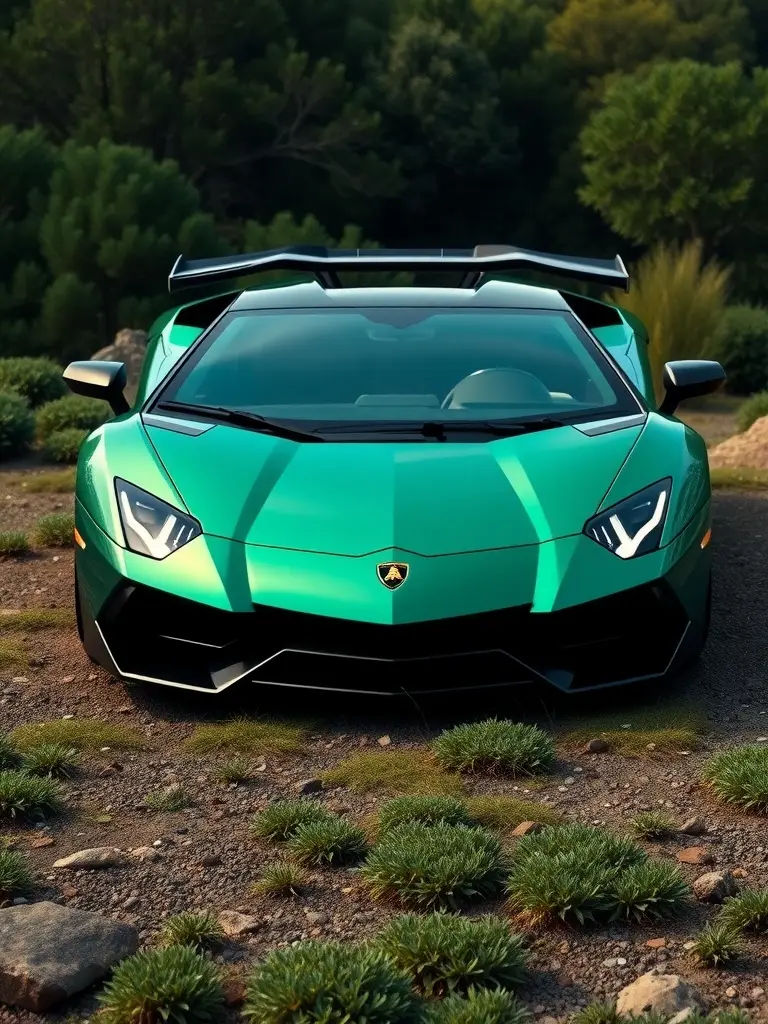 A Lamborghini Aventador in bold metallic green parked in a grassy area with trees in the background.