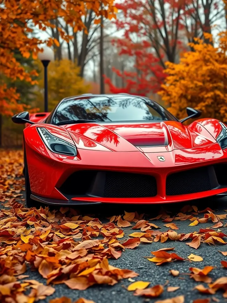 A bold red LaFerrari parked on a road covered with autumn leaves, surrounded by colorful trees.