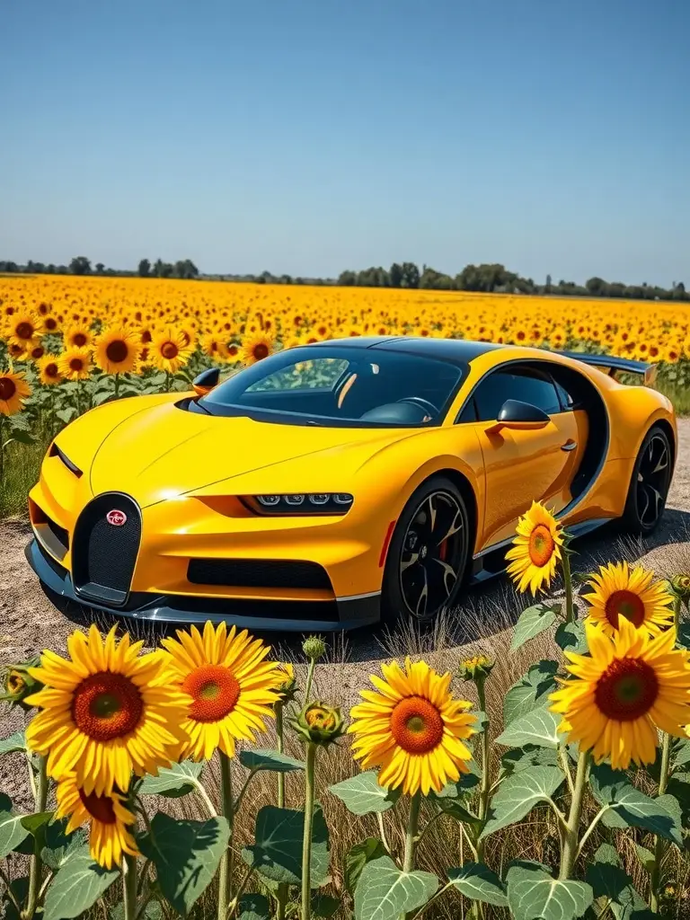 Bright yellow Bugatti Chiron parked in a sunflower field with vibrant flowers surrounding it.