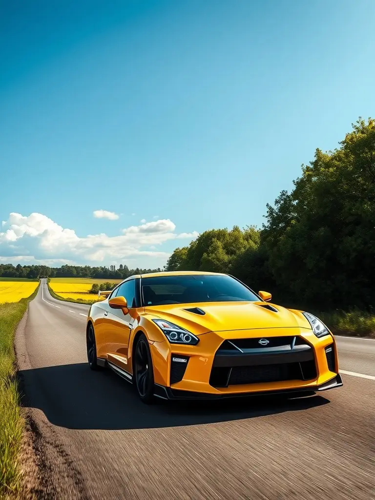 Bright yellow Nissan GTR parked in a colorful flower field, surrounded by various flowers.