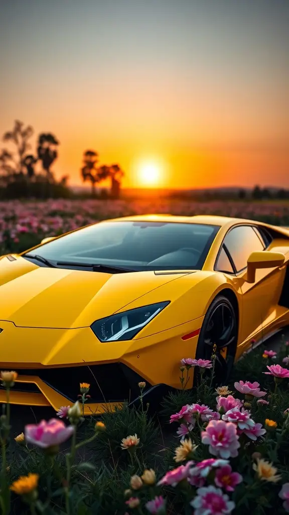 Bright yellow Lamborghini parked in a colorful flower field under a blue sky.