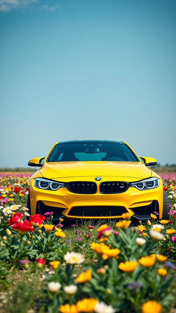 Bright yellow BMW M4 parked in a colorful flower field under a clear blue sky.