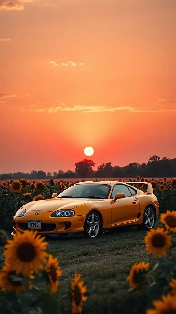 A bright yellow Toyota Supra amidst tall sunflowers under a clear blue sky.