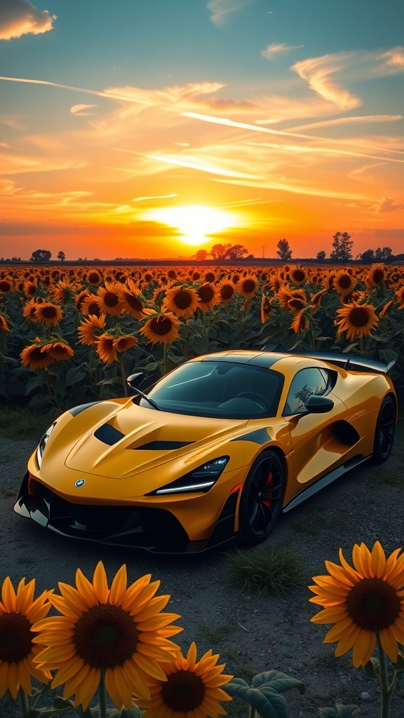 Bright yellow Zenvo TSR-S among sunflowers in a field.