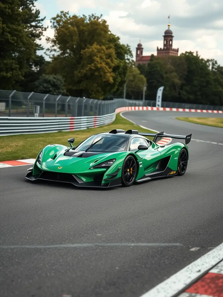 A Lotus Evija racing on a track in British Racing Green with yellow accents.