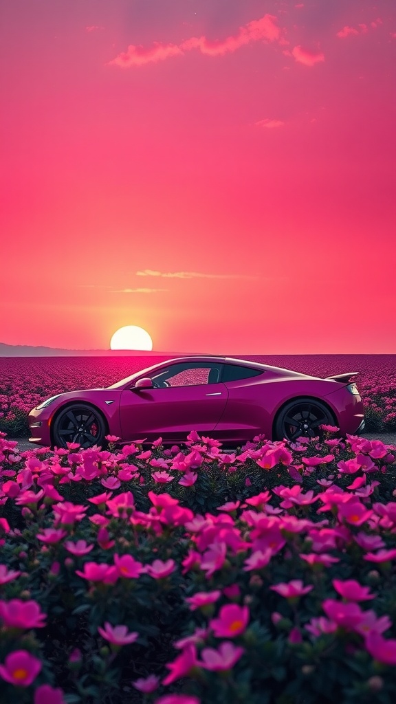 Candy Pink Tesla Roadster parked in a colorful flower garden