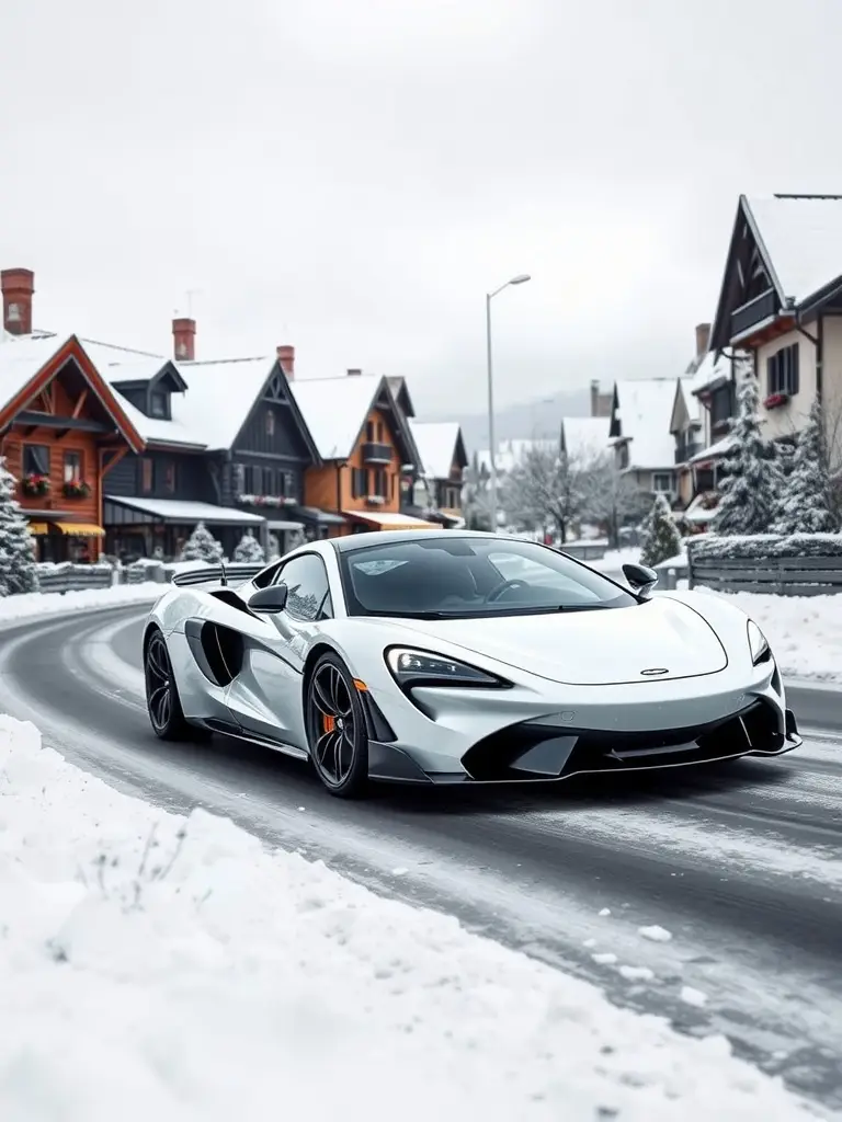 A white McLaren parked on a snow-covered road surrounded by charming houses.