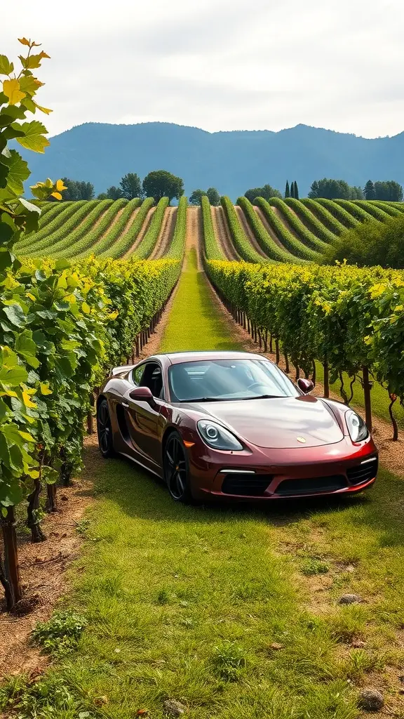 Porsche Cayman in classic burgundy color parked in a vineyard with rows of grapevines