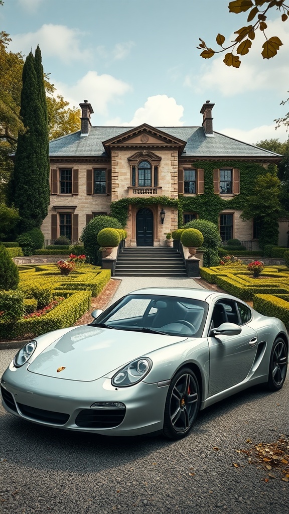 Porsche Cayman in silver parked in front of a historic villa with lush greenery.