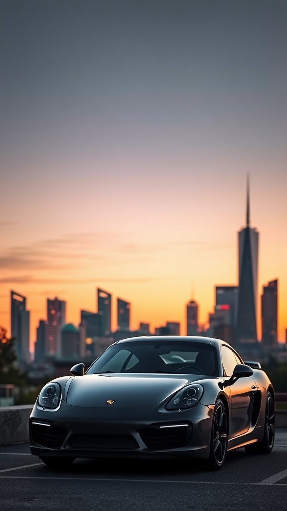 Porsche Cayman in matte black parked with an urban skyline at sunset.