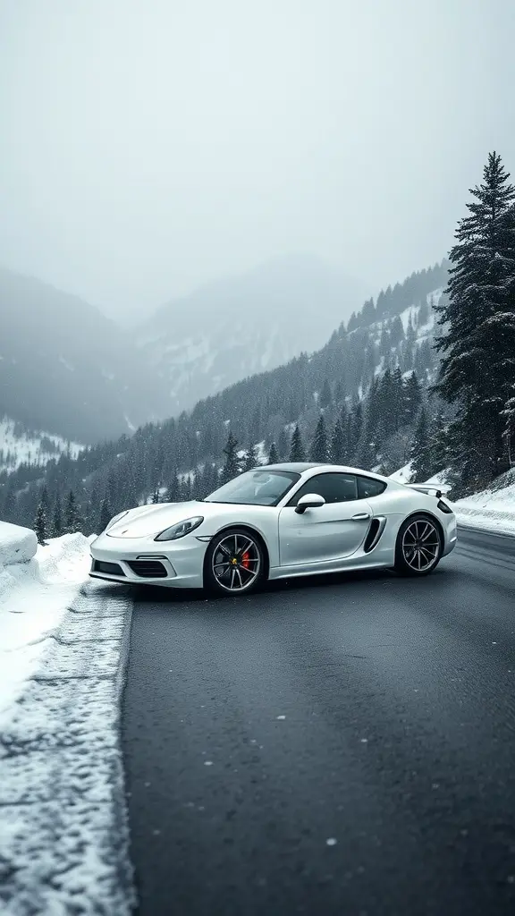 Porsche Cayman in pure white parked on a snowy mountain pass with tall peaks in the background.