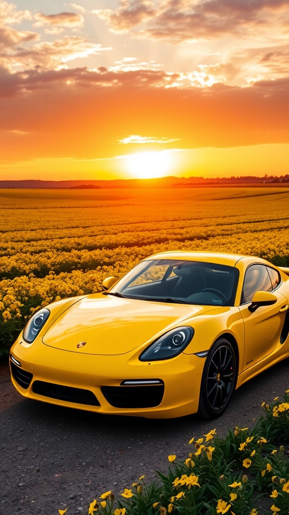 A yellow Porsche Cayman parked among vibrant sunflowers under a clear blue sky.