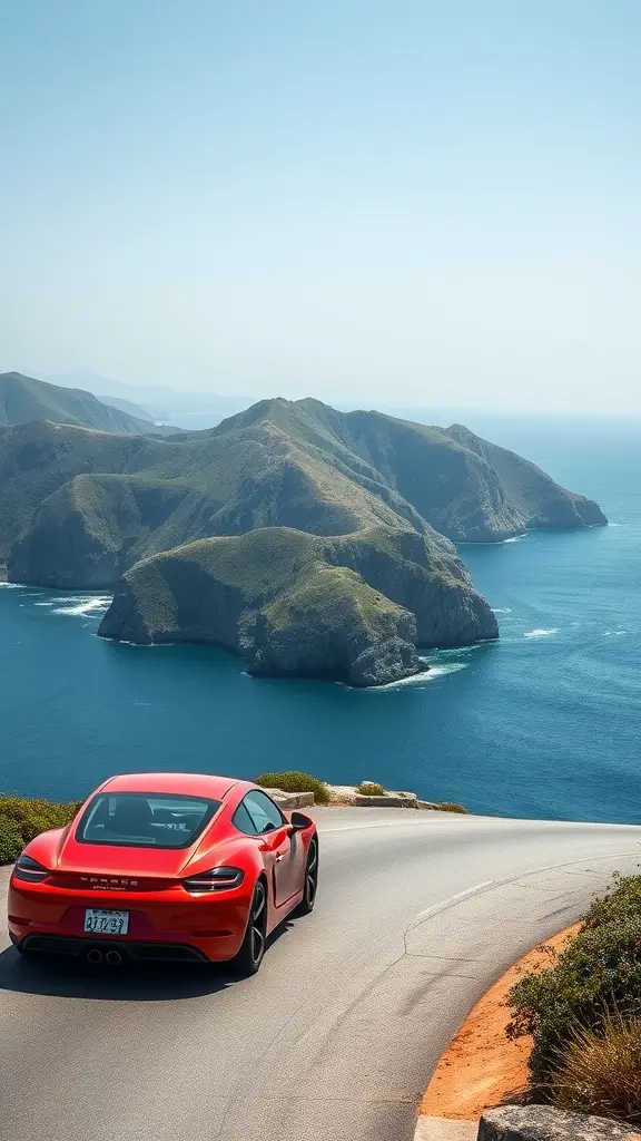 A red Porsche Cayman driving on a scenic coastal road with beautiful cliffs and ocean in the background.