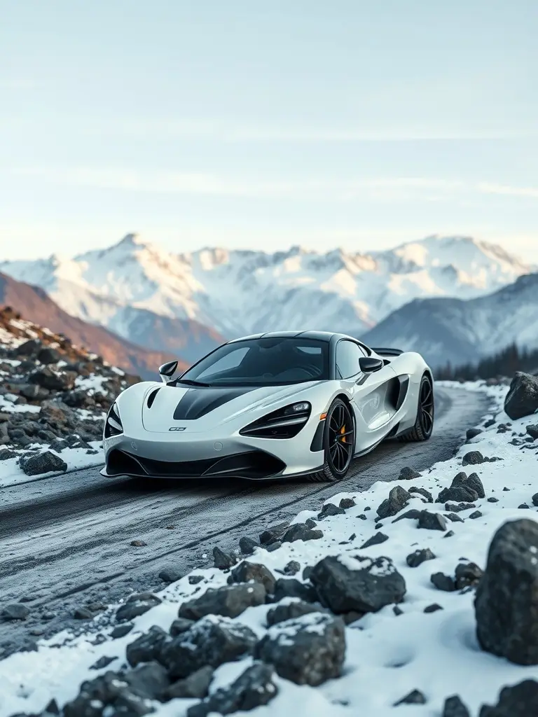A white McLaren parked on a snow-covered road surrounded by mountains.