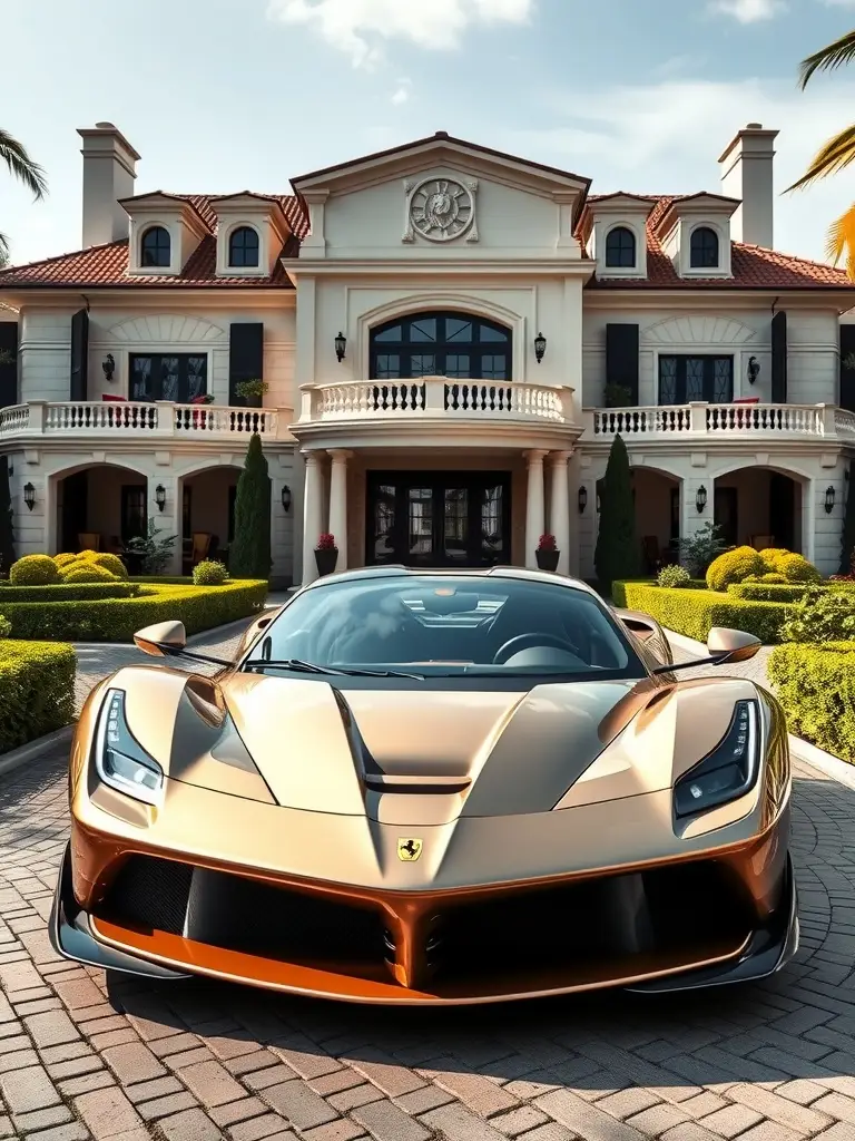 Champagne Gold LaFerrari parked in front of a luxurious villa.