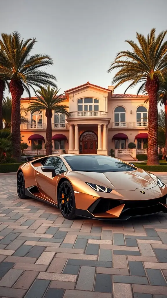 Champagne gold Lamborghini parked in front of a luxurious villa with palm trees.