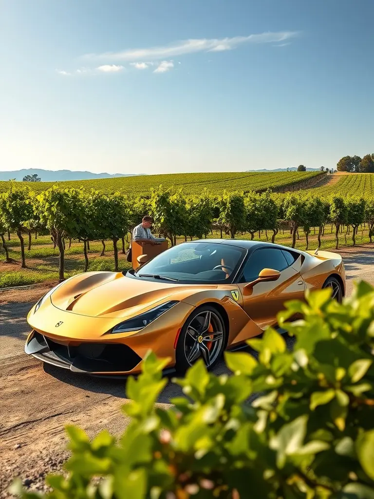 Champagne Gold Ferrari SF90 parked in a vineyard with rows of grapevines in the background.