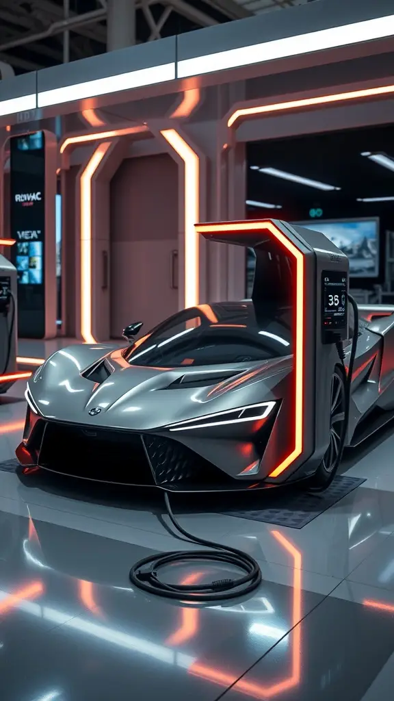 Futuristic charging station with Rimac Nevera connected, featuring glowing lights and modern design.