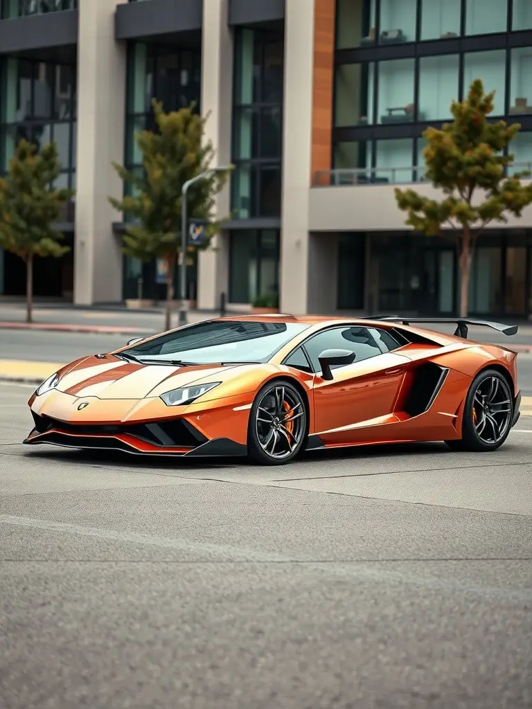 Two Lamborghini Aventadors in metallic bronze paint parked on a city street.