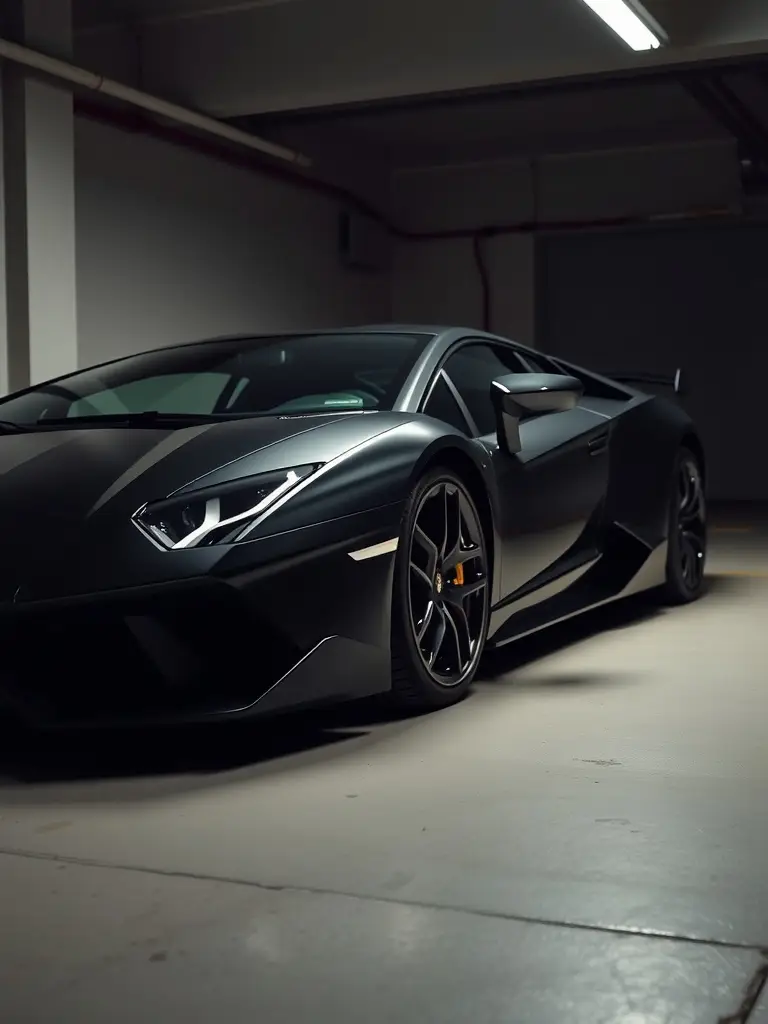 Lamborghini Aventador in metallic black parked in a garage, showcasing its sleek design.